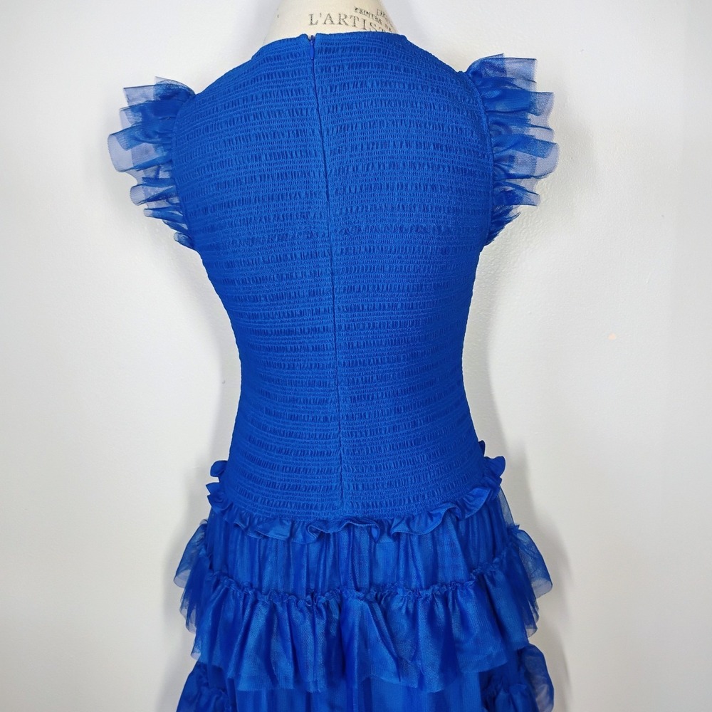 ME+EM Ethereal Tulle Shirred Midi Dress Womens 8 Royal Blue Tiered Wedding Party - Picture 8 of 15